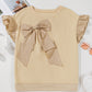 Parchment Ruffled Short Sleeve Bowknot Applique Crew Neck Plus Size Top