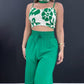 2 Pieces Outfit Floral Print Cold Shoulder Spaghetti Strap Shirred Tank and High Waist Drawstring Pants Set