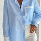 Sky Blue Stripe Contrast Patch Pocket Cuffed Sleeve Casual Shirt