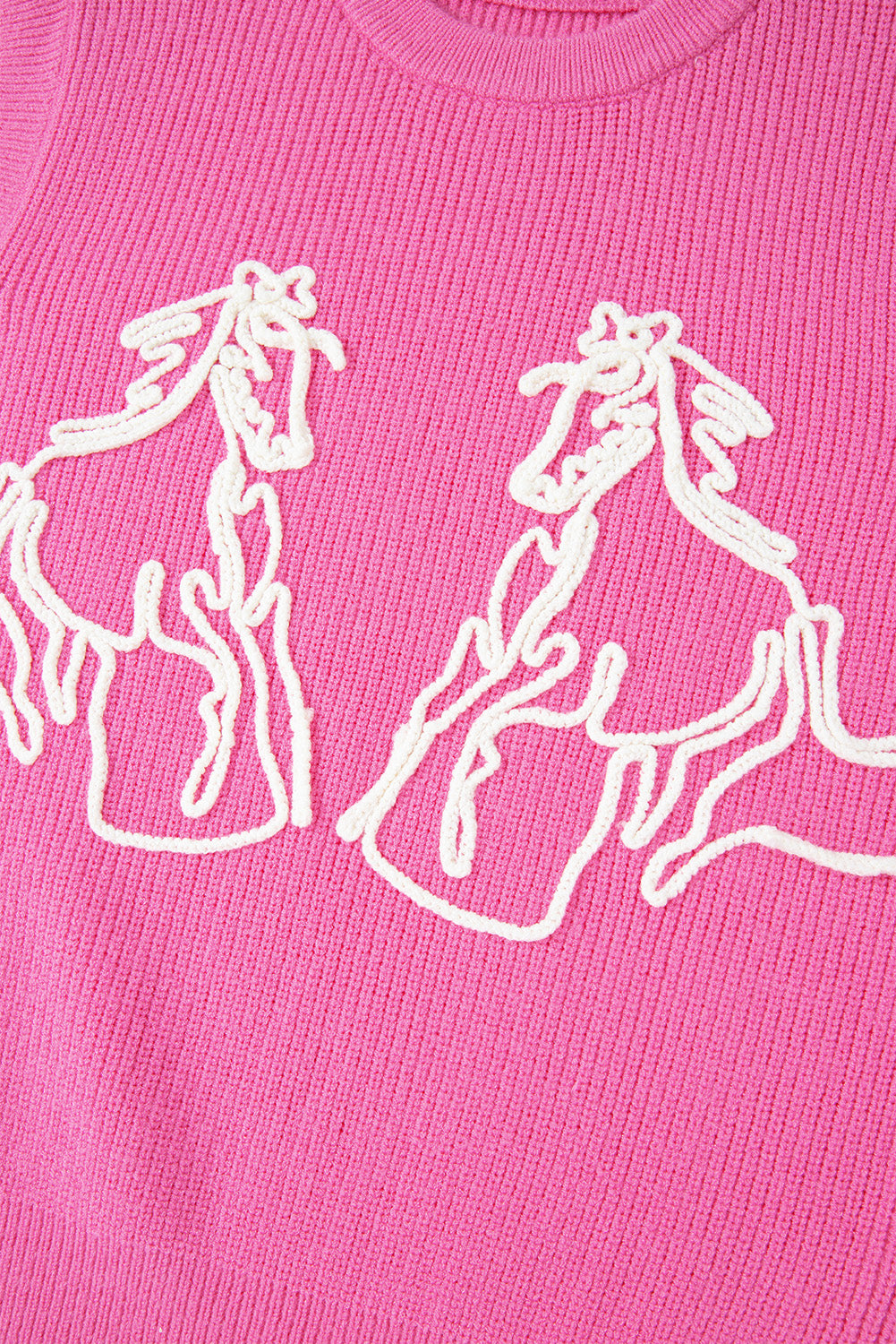 Bright Pink Western Horse Embroidered Round Neck Sweater Tee