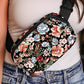 Black Floral Print Zipper Wide Strap Sling Bag