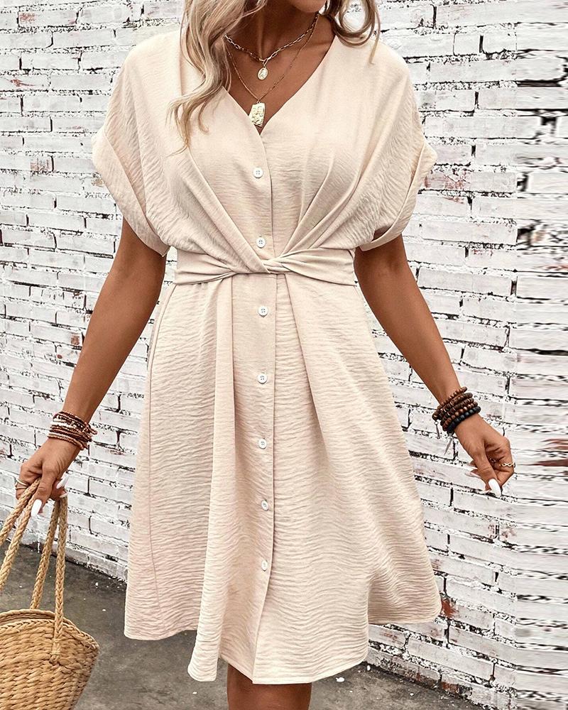 Tied Detail Buttoned V Neck Casual Dress
