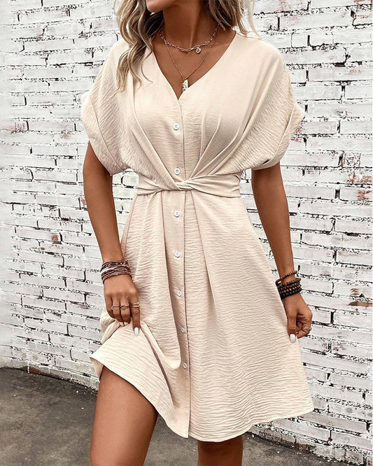 Tied Detail Buttoned V Neck Casual Dress