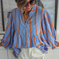 Sky Blue Stripe Crinckled Ruffled Sleeve Button up Loose Shirt