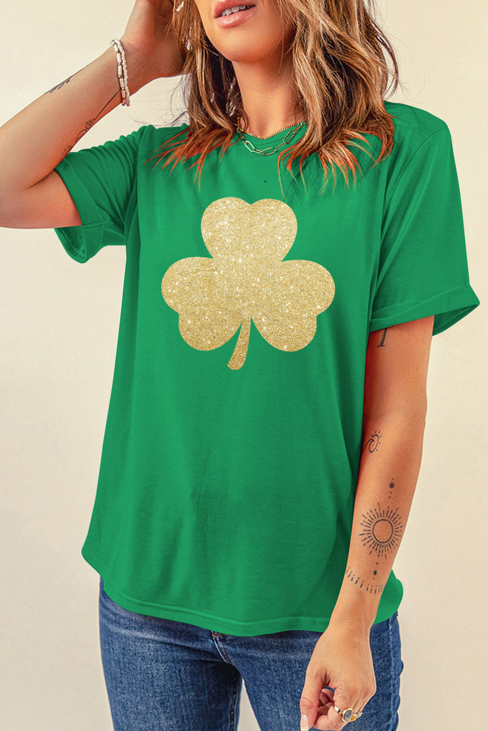 Bright Green Glitter Clover Printed St Patricks Day T Shirt