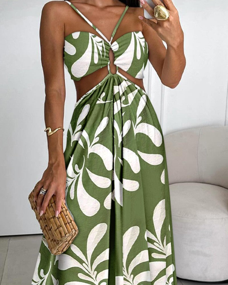 Tropical Print Backless Maxi Dress