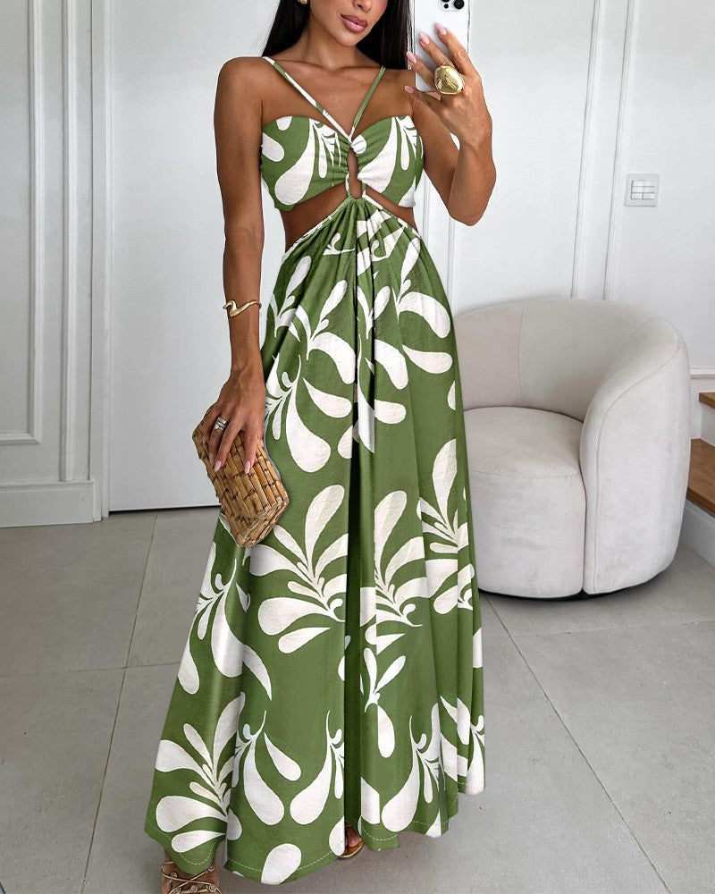 Tropical Print Backless Maxi Dress