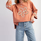 Grapefruit Orange Flower Patch Graphic Exposed Seam Wide Sleeve Top