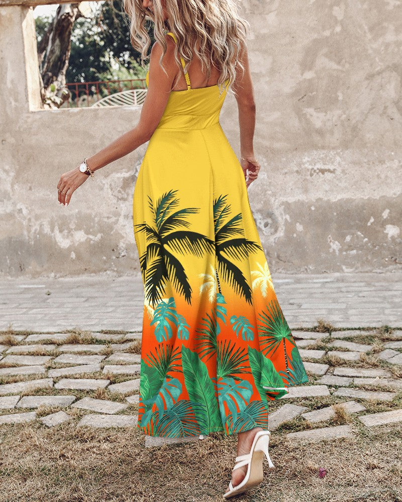 Striped Tropical Print Slit Maxi Dress