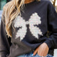 Black Rhinestone Decor Bowknot Graphic Pullover Sweatshirt