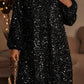 Color black Plus Size Bubble Sleeve V Neck Sequin Dress