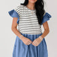 Black Stripe Ruffle Denim Patchwork Round Neck Mini Dress