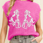 Bright Pink Western Horse Embroidered Round Neck Sweater Tee