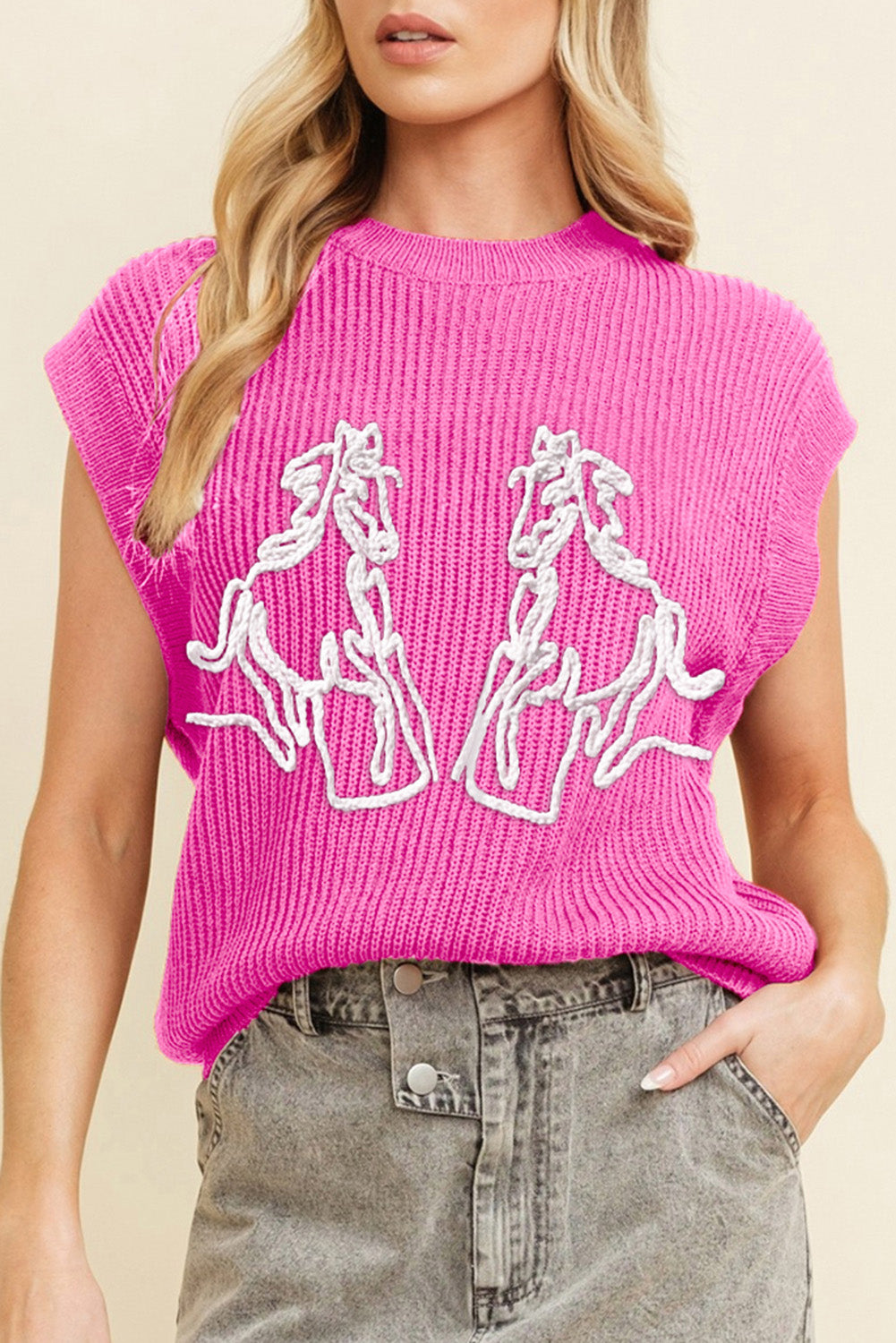 Bright Pink Western Horse Embroidered Round Neck Sweater Tee
