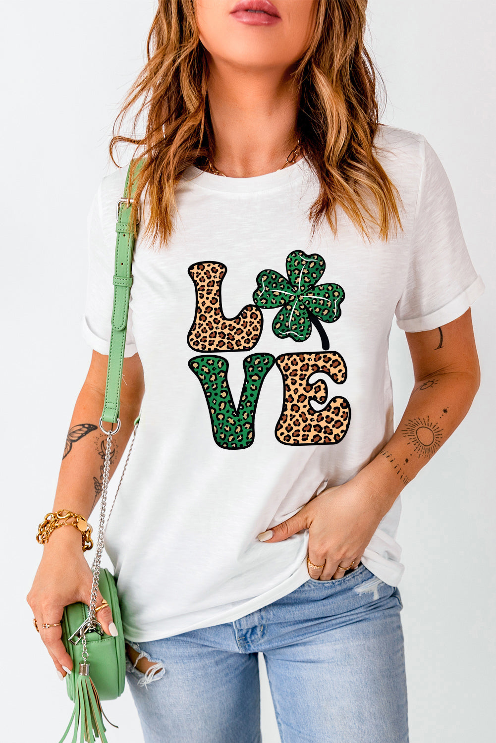 White Cheetah Clover LOVE Graphic St. Patricks Crewneck Tee