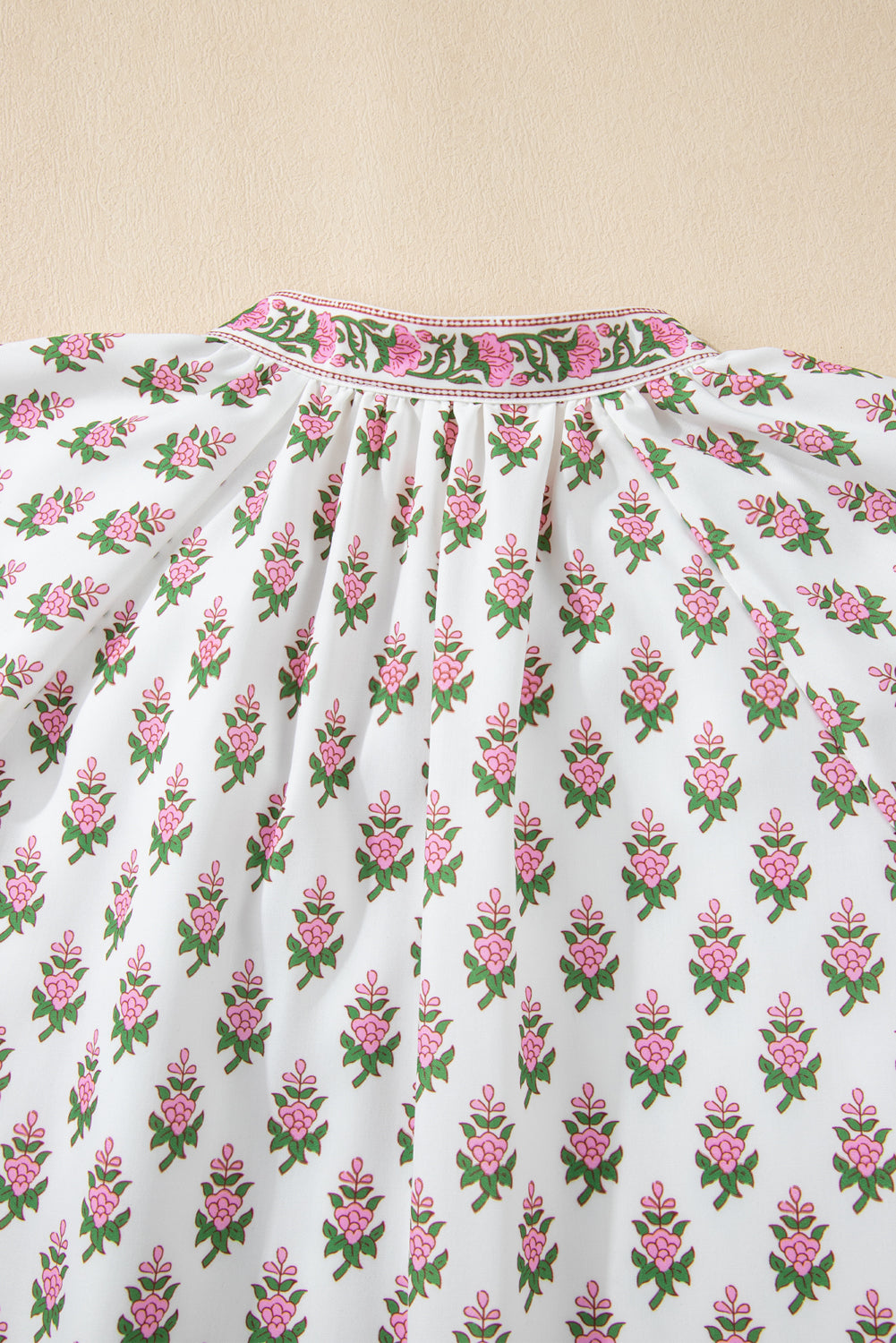 Pink Floral Print Bubble Sleeve Neck Tie Ruffled Dress