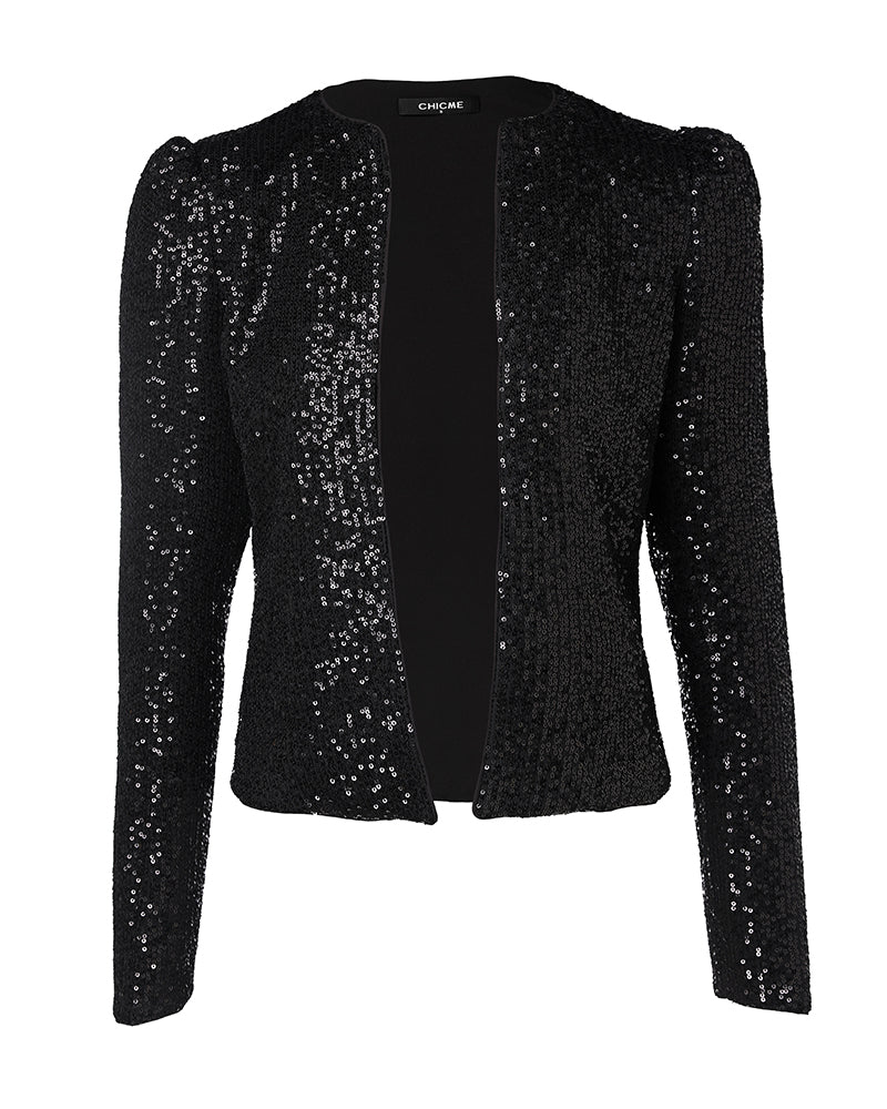 Sparkly Sequin Open Front Puff Sleeve Blazer Coat