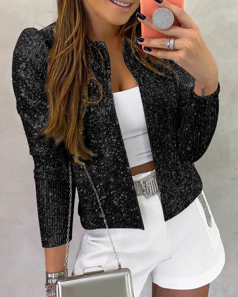 Sparkly Sequin Open Front Puff Sleeve Blazer Coat