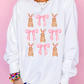 White Easter Bunny Bow Print Round Neck Pullover Sweatshirt