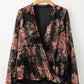 Black Floral Print Criss Cross V Neck Balloon Sleeve Blouse