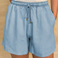 Beau Blue Washed Chambray Drawstring Elastic Waist Plus Size Shorts