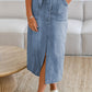 Dusk Blue Light Wash Belted High Waist Midi Denim Skirt