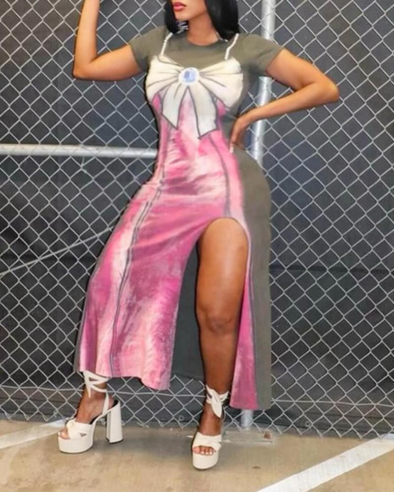 Graphic Print Pearls Decor High Slit Dress