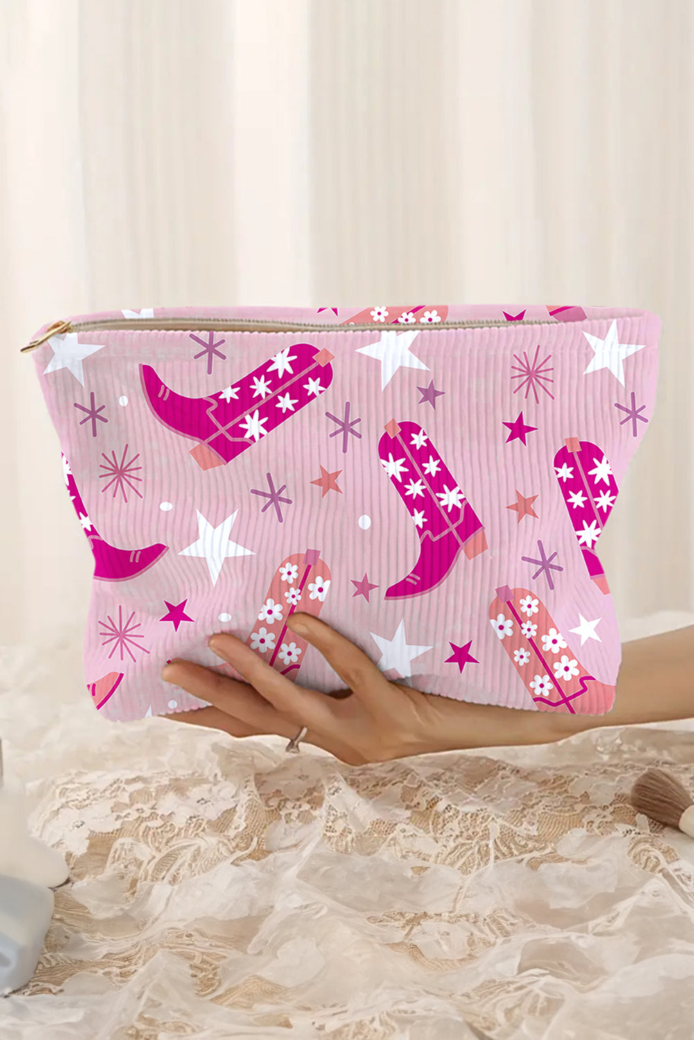Pink Western Cowboy Boots Star Print Large Makeup Bag