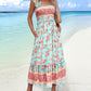 Feather Pattern Square Neck Thick Strap Shirred Ruffles Hem A Line Dress Vacation Dress