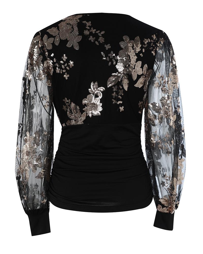 Floral Sequin Decor Sheer Mesh Top