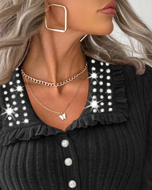 Turn down Collar Frill Hem Rhinestone Decor Ribbed Top