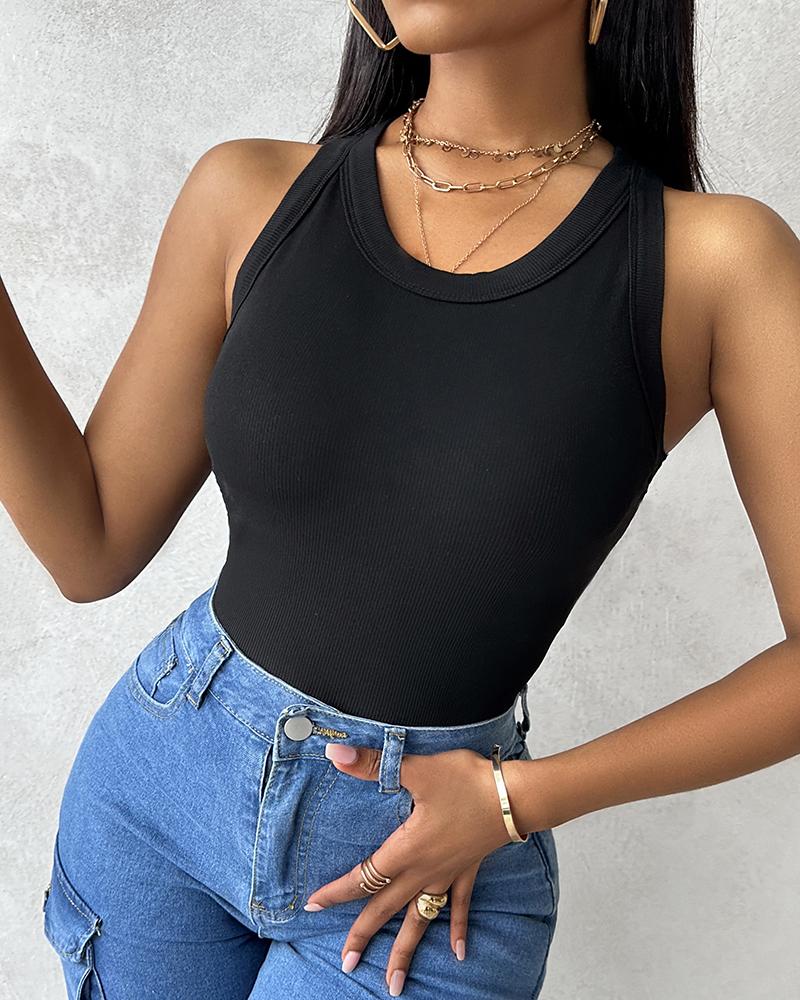 Round Neck Ribbed Tank Top With Bra Pads