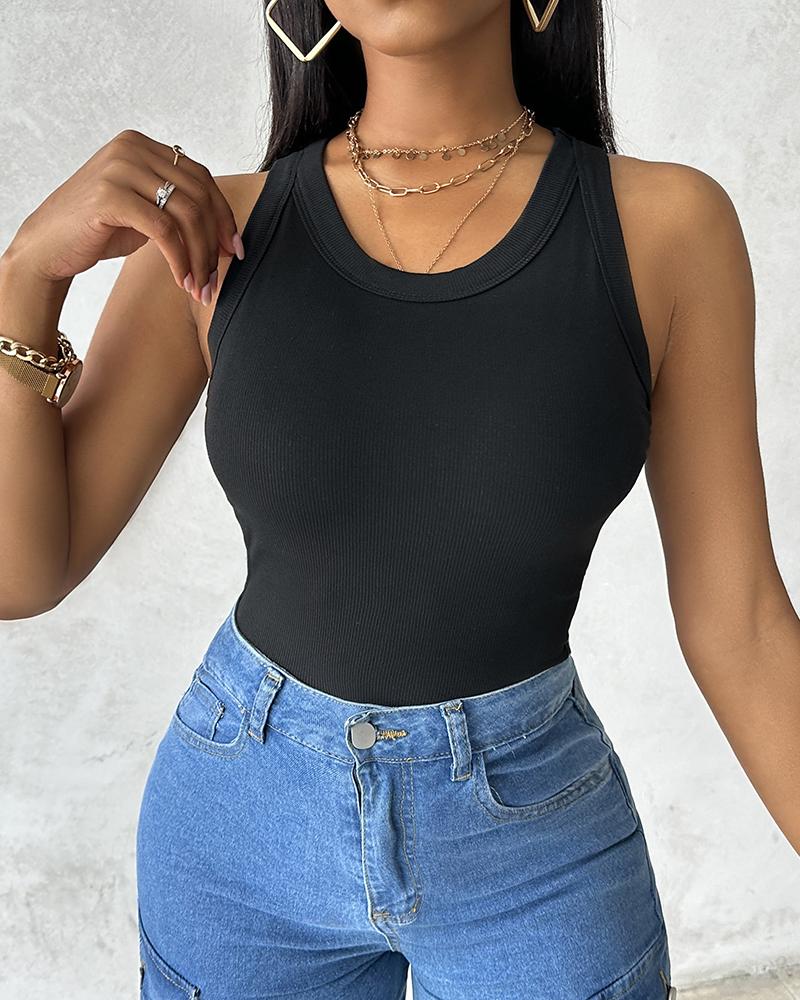 Round Neck Ribbed Tank Top With Bra Pads