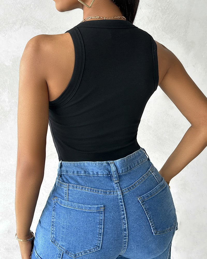 Round Neck Ribbed Tank Top With Bra Pads