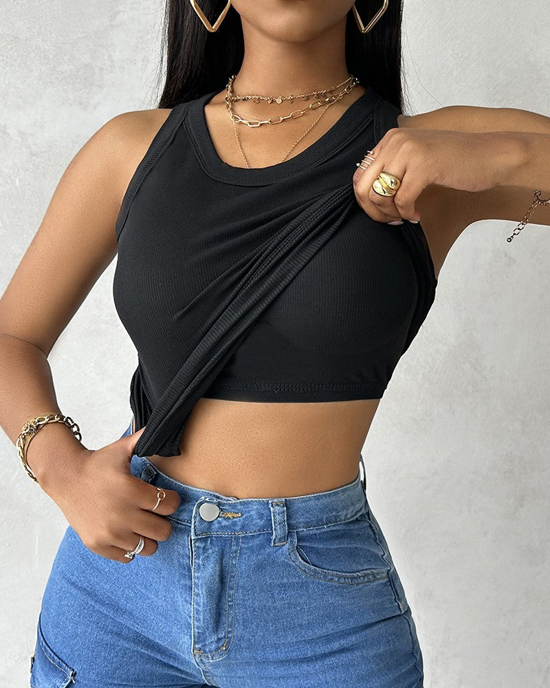 Round Neck Ribbed Tank Top With Bra Pads