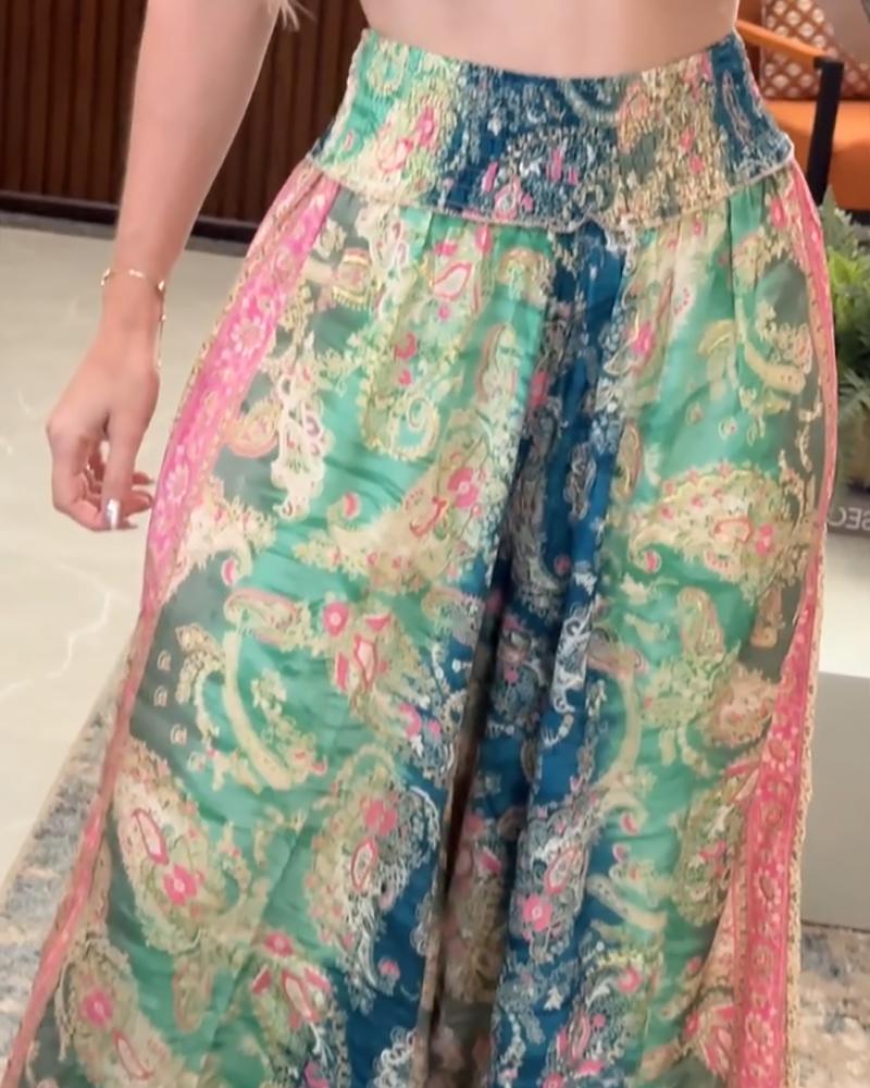 Floral Print High Waist Shirred Waist Pants Casual Wide Leg Pants