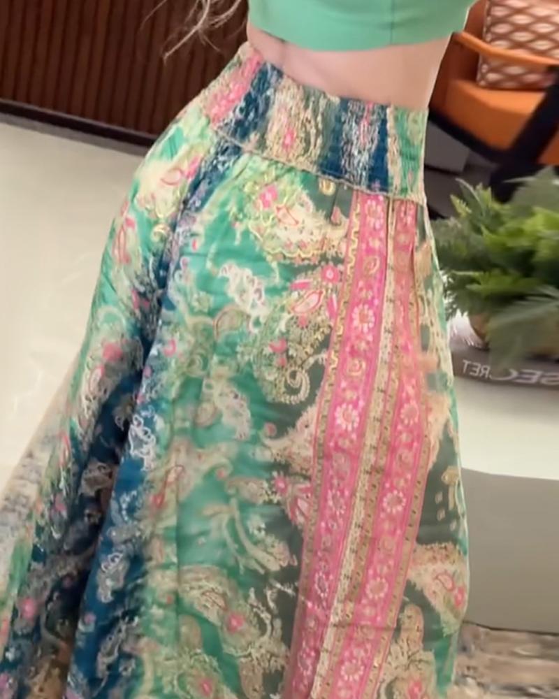 Floral Print High Waist Shirred Waist Pants Casual Wide Leg Pants