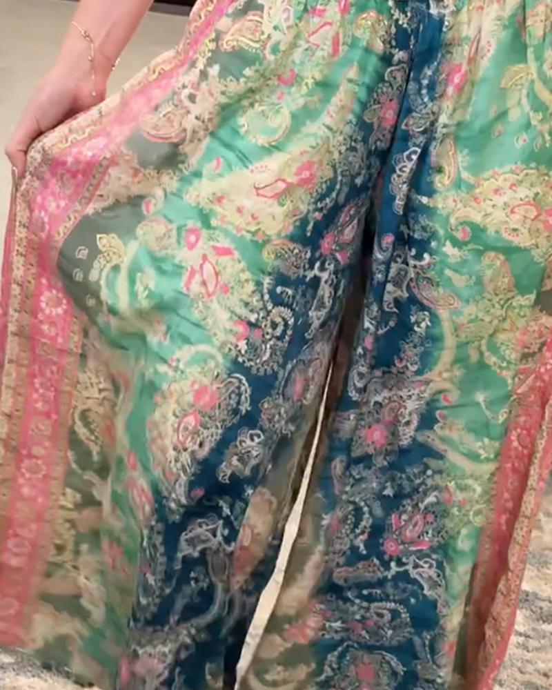 Floral Print High Waist Shirred Waist Pants Casual Wide Leg Pants