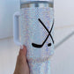 Silvery Hockey Game Day Rhinestone 40 Oz Tumbler with Handle