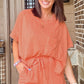 Pale Chestnut Textured Patched Pocket Short Sleeve Top Drawstring Shorts Set