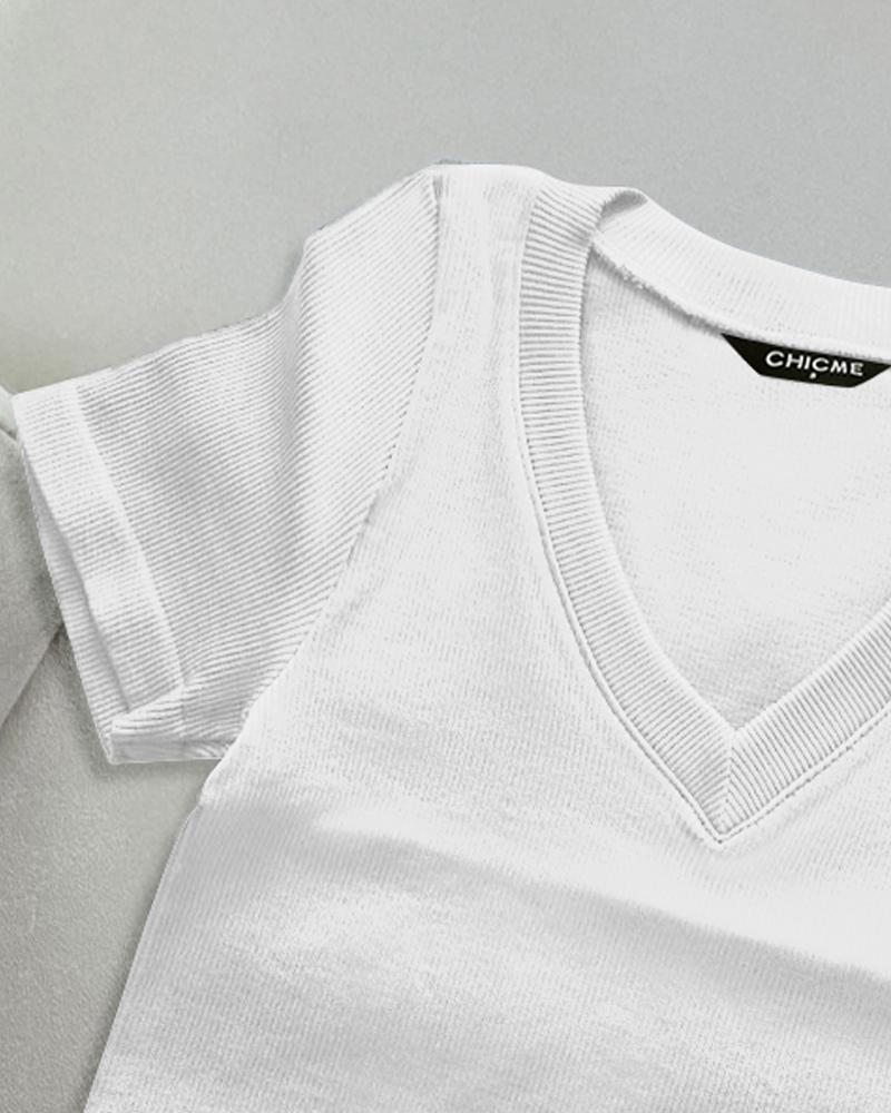 V Neck Short Sleeve Ribbed T Shirt Casual Slim Fit Top