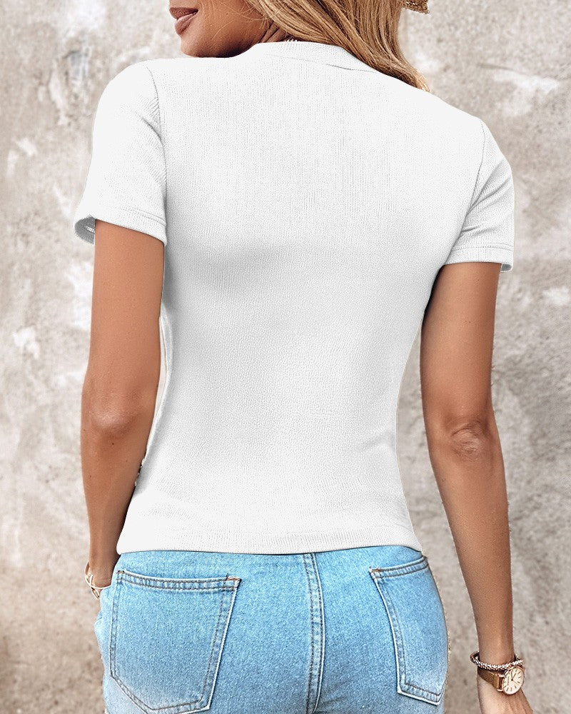 V Neck Short Sleeve Ribbed T Shirt Casual Slim Fit Top