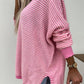 Pink Striped Scallop V Neck Loose Sweater with Slits