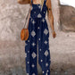Graphic Print Thick Strap Square Neck Shirred Jumpsuit Wide Leg Vacation Overalls with Pockets