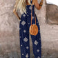 Graphic Print Thick Strap Square Neck Shirred Jumpsuit Wide Leg Vacation Overalls with Pockets