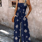Graphic Print Thick Strap Square Neck Shirred Jumpsuit Wide Leg Vacation Overalls with Pockets