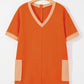Russet Orange Two-tone Short Sleeve V Neck Patched Pocket Loose Romper