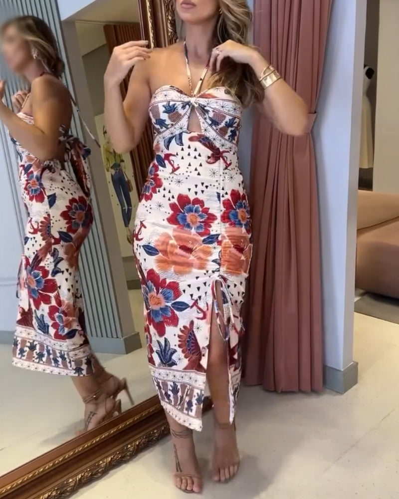 Tropical Print Halter Sleeveless Dress Sexy Backless Tied Detail Dress