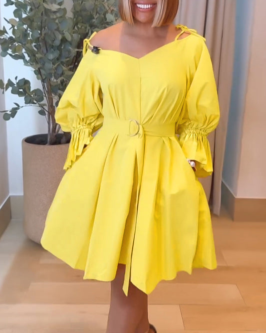 V Neck Cold Shoulder Bell Sleeve Bow Tie Shoulder Vacation Dress Casual Cinched Waist A Line Dress with Belt