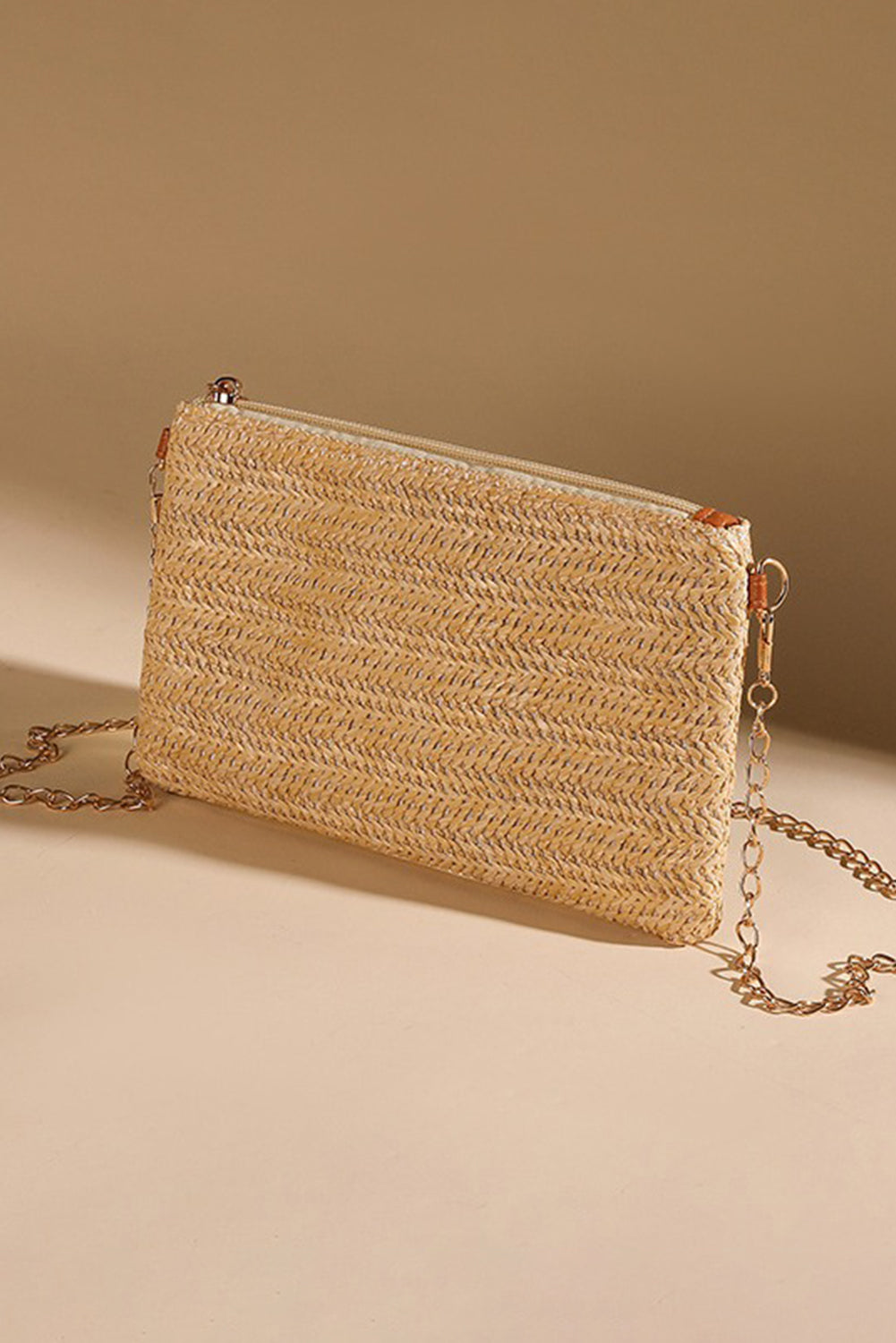 Oatmeal Straw Woven Zipper Chain Shoulder Bag